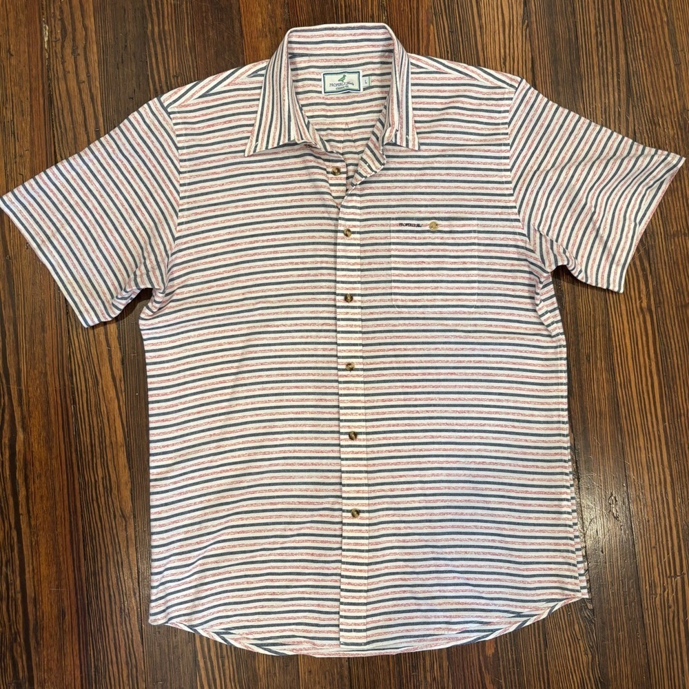 Properly Tied men’s striped button down NWOT front pocket Logo Clsssic Fit Sz L